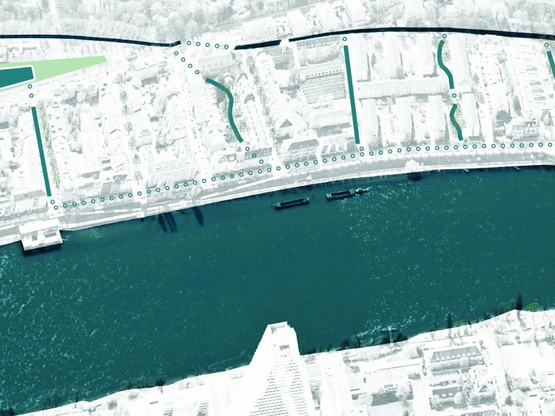 adh₂oC St. Alban-Tal / St. Alban-Teich: Aktivierung der bestehenden Wasserläufe als klimaaktive Freiraumstruktur – Verdunstungskühlung und schattige Aufenthaltssequenzen.